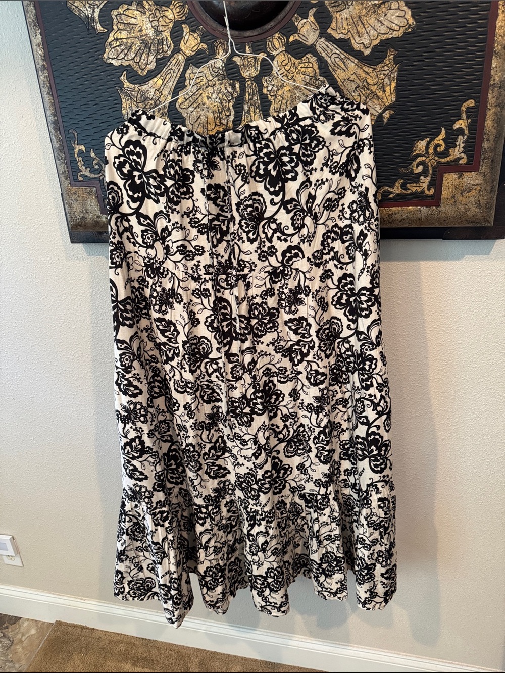 Solitaire Black and White Floral Maxi Skirt with Ruffle Hem